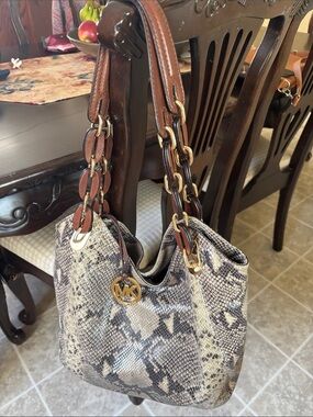 Michael Kors Snake-Print Shoulder Hobo with Brown Chain Straps